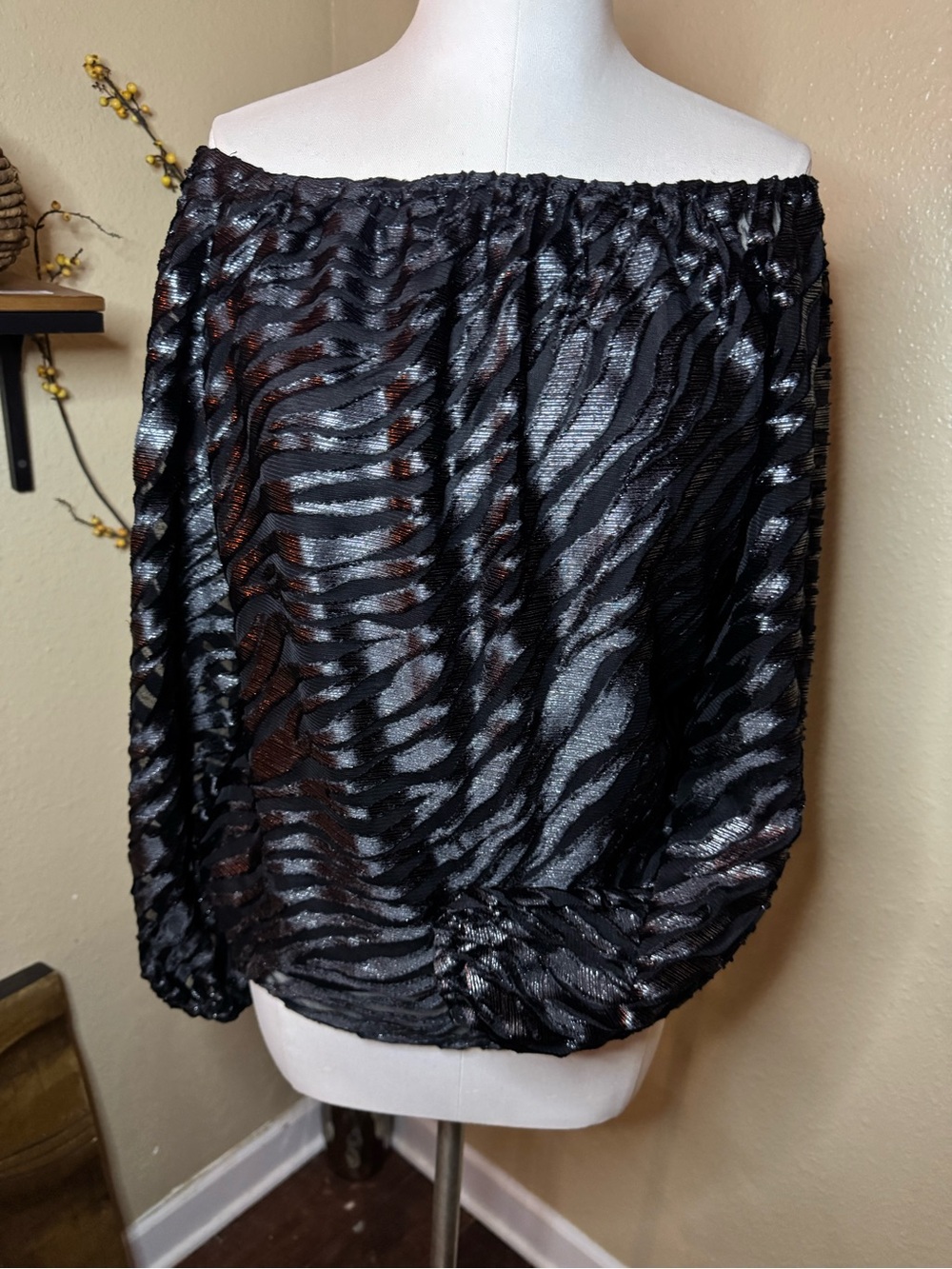 White House Black Market Black Metallic Zebra Off-Shoulder Top